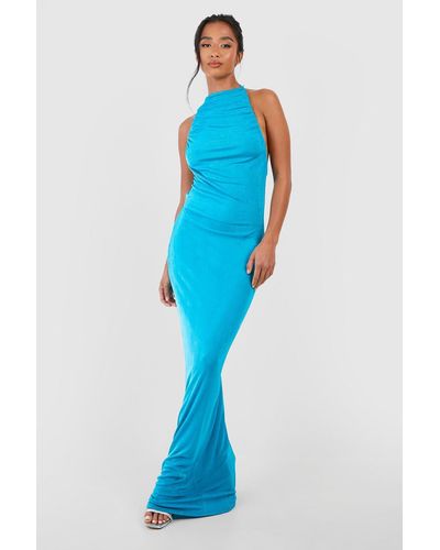 Boohoo Petite Slinky Drape Front Strappy Back Maxi Dress - Blue