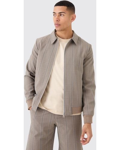 BoohooMAN Stretch Textured Check Smart Bomber Jacket - Natur