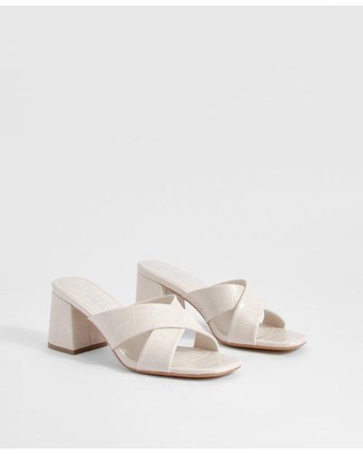 Boohoo Wide Fit Crossover Croc Strap Block Heeled Mules - Natural