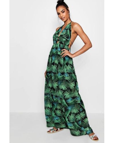 Boohoo Tall Plunge Front Palm Print Maxi Dress - Verde