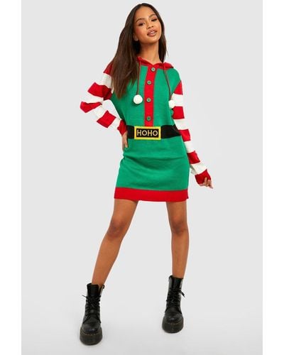 Boohoo Elf Hooded Christmas Sweater Dress - Green