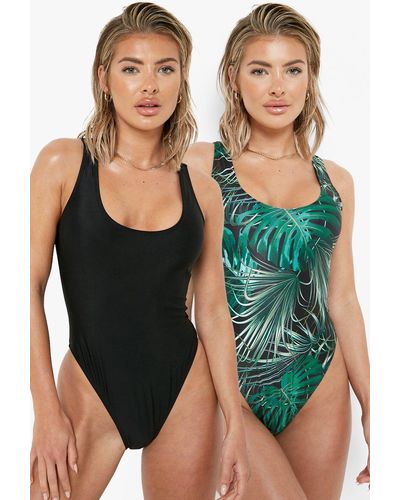 Boohoo Pack De 2 Bañadores: Liso Y Con Estampado Tropical - Negro