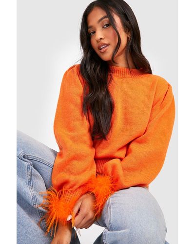 Boohoo Petite Feather Cuff Sweater - Orange