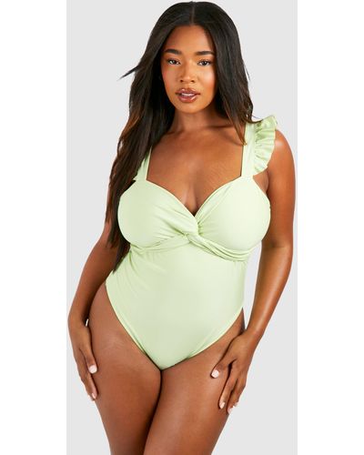 Boohoo Plus Knot Front Frill Should Bathing Suit - Green