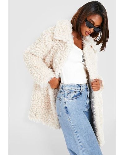 Boohoo Textured Collared Faux Fur Coat - White
