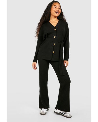 Boohoo Petite Slouchy Belted Cardigan And Wide Leg Knit Set - Black