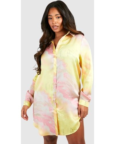 Boohoo Plus Ombre Satin Print Shirt Dress - Multicolor