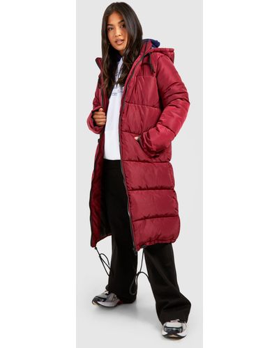 Boohoo Petite Longline Hooded Padded Puffer Jacket - Red