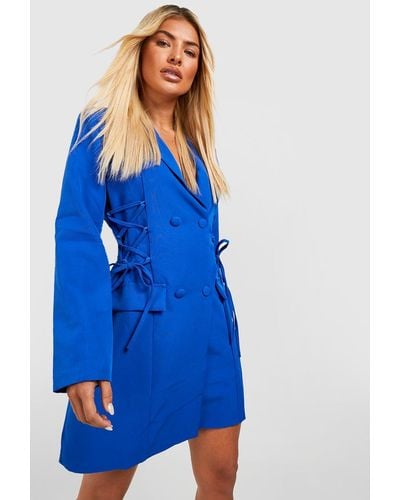 Boohoo Lace Up Waist Tailored Blazer Dress - Blue