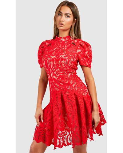 Boohoo Premium Crochet Lace Puff Sleeve Mini Dress - Red