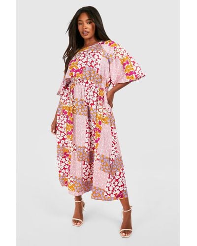 Boohoo Plus Angel Sleeve Mixed Floral Print Dress - Red