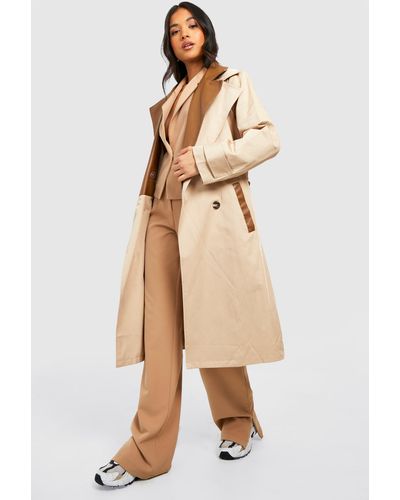 Boohoo Petite Pu Contrast Belted Trench Coat - Natural