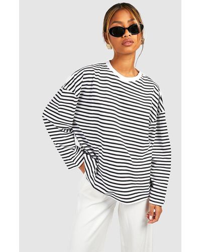 Boohoo Basic Cotton Oversized Long Sleeve Striped T-shirt - White