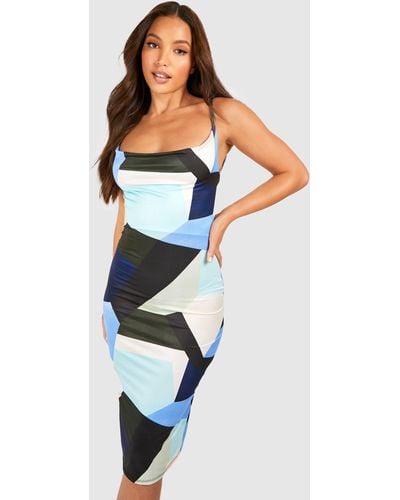 Boohoo Tall Abstract Slinky Cowl Neck Midaxi Dress - Blue