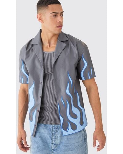 BoohooMAN Short Sleeve Dropped Revere Pu Flame Shirt - Blau