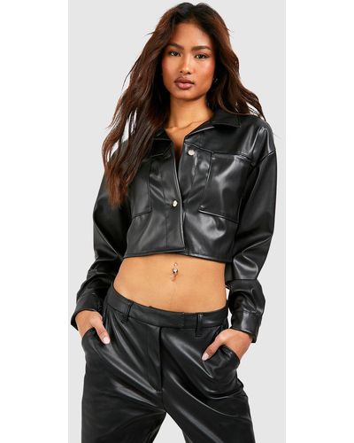 Boohoo Tall Faux Leather Pocket Detail Crop Oversized Jacket - Black