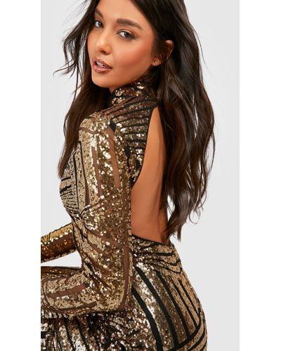 Boohoo Boutique Sequin And Mesh Midi Party Dress - Brown