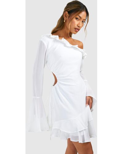 Boohoo Chiffon Asymmetric Ruffle Mini Dress - White
