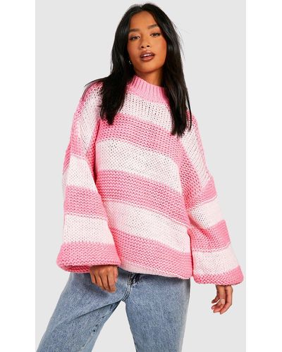 Boohoo Petite Oversize Chunky Knit Stripe Sweater - Pink