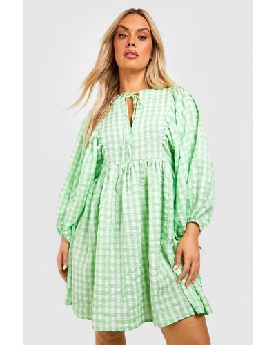 Boohoo Plus Gingham Textured Blouse Sleeve Smock Dress - Green
