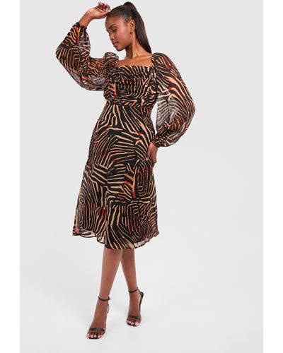 Boohoo Chiffon Animal Print Rouched Midi Dress - Brown