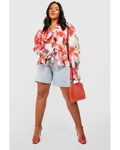 Boohoo Plus Floral Ruffle Tie Front Boho Top - Red