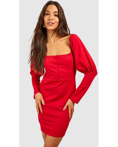 Boohoo Puff Sleeve Corset Mini Dress - Red