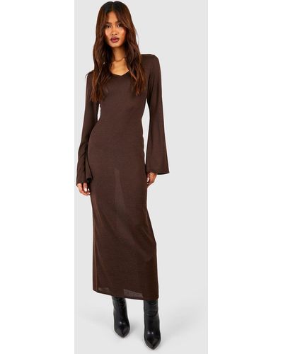 Boohoo Tall Lightweight Knitted V Neck Flare Sleev Midaxi Dress - Brown
