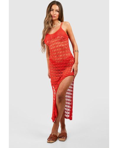 Boohoo Crochet Strappy Beach Maxi Dress - Red