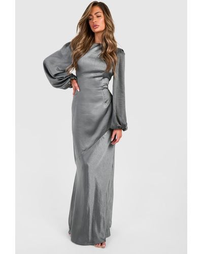 Boohoo Bridesmaid Satin Blouson Sleeve Maxi Dress - Gray