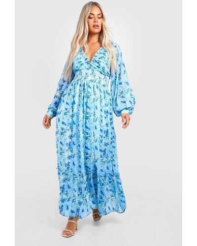 Boohoo Plus Floral Dobby Mesh Shirred Waist Maxi Dress - Blue