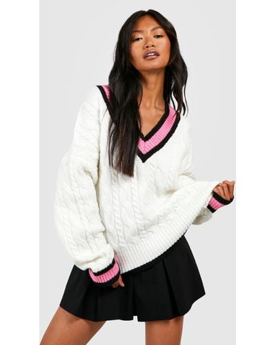 Boohoo Cable Knit Cricket Sweater - White