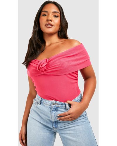 Boohoo Plus Rose Off The Shoulder Mesh One Piece - Red