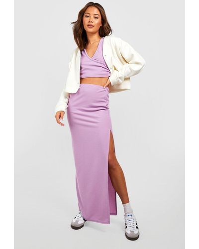 Boohoo Ribbed Bodycon Thigh Split Maxi Skirt - Purple