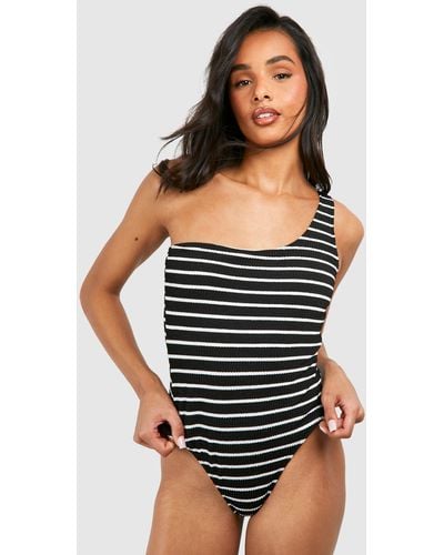 Boohoo Tall Crinke Stripe One Shoulder Bathing Suit - Black