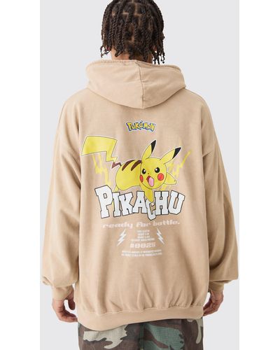 BoohooMAN Oversized Overdye Pokemon Pikachu License Hoodie - Natural