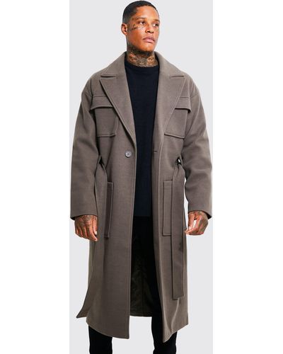 BoohooMAN 4 Pocket Longline Belted Overcoat - Gray