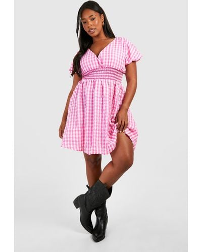 Boohoo Plus Textured Gingham Puff Sleeve Smock Dress - Pink