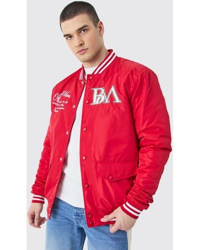 BoohooMAN Tall Nylon Varsity Jacket With Badges - Red