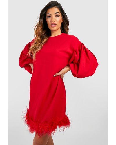 Boohoo Feather Hem Balloon Sleeve Mini Dress - Red
