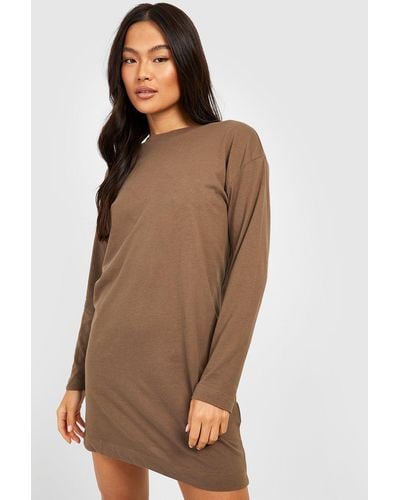 Boohoo Basic Long Sleeve T-shirt Dress - Brown