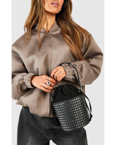 Boohoo Studded Bucket Crossbody Bag - Gray