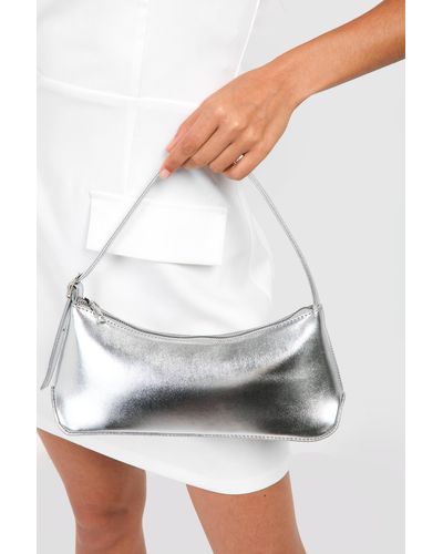 Boohoo Metallic Detailed Baguette Shoulder Bag - White