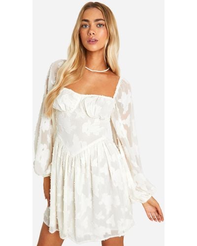 Boohoo Corset Detail Long Sleeve Mini Dress - White