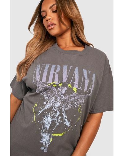 Boohoo Camiseta Plus Con Estampado De Nirvana Fosforito - Gris