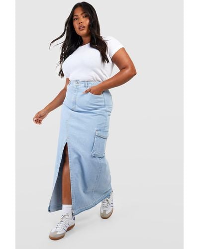 Boohoo Plus Cargo Pocket Denim Maxi Skirt - Blue