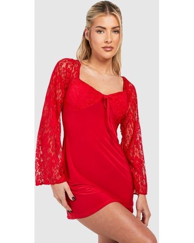 Boohoo Lace Contrast Skater Dress - Red