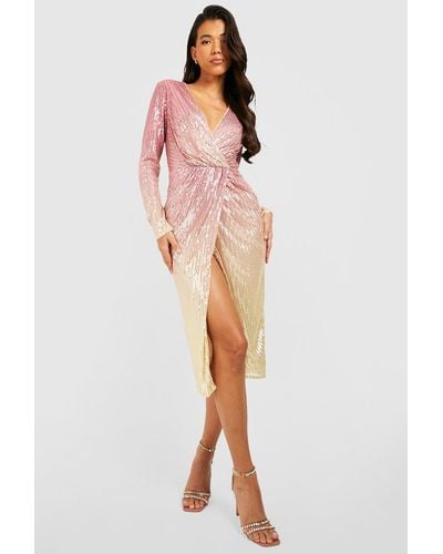 Boohoo Tall Ombre Sequin Wrap Midi Dress - Pink
