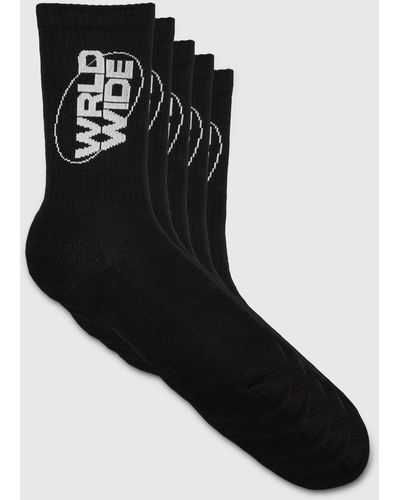 Boohoo 5 Pack Worldwide Logo Sports Socks - Black