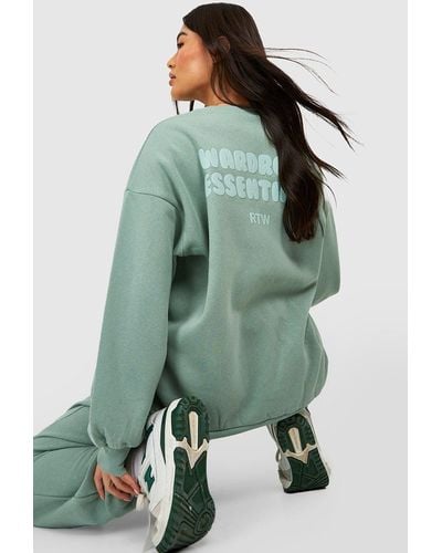 Boohoo Closet Essentials Slogan Oversized Sweater - Green